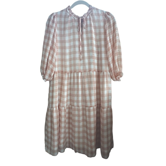 Nanette Lepore Swiss Dot Dress Blush Pink Gingham Tiered Midi Milk Maid Feminine - Picture 1 of 11